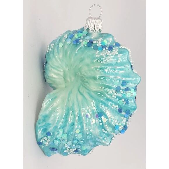 Vintage Blown Glass Sea Shell Beaded Christmas Ornament Teal Blue PB178 - Picture 3 of 5